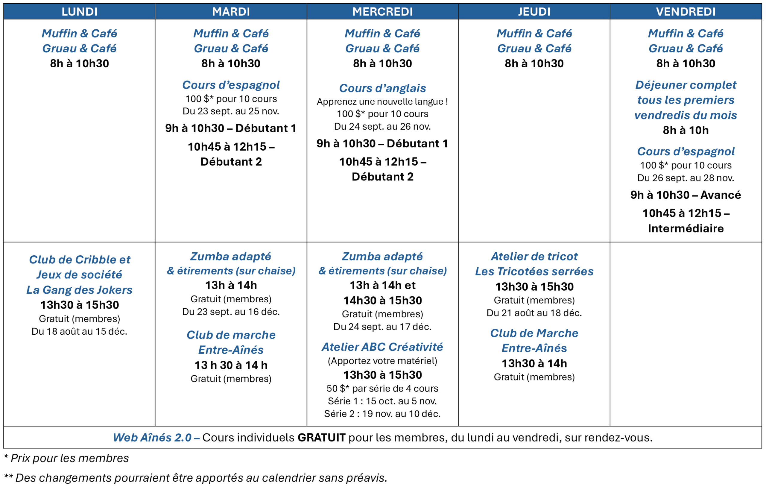 Ateliers et cours pour les aînés