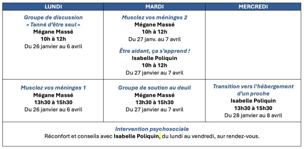 Entraide Plus caregiver calendar