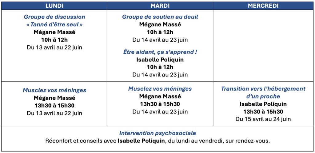 Calendrier proche aidant Entraide Plus