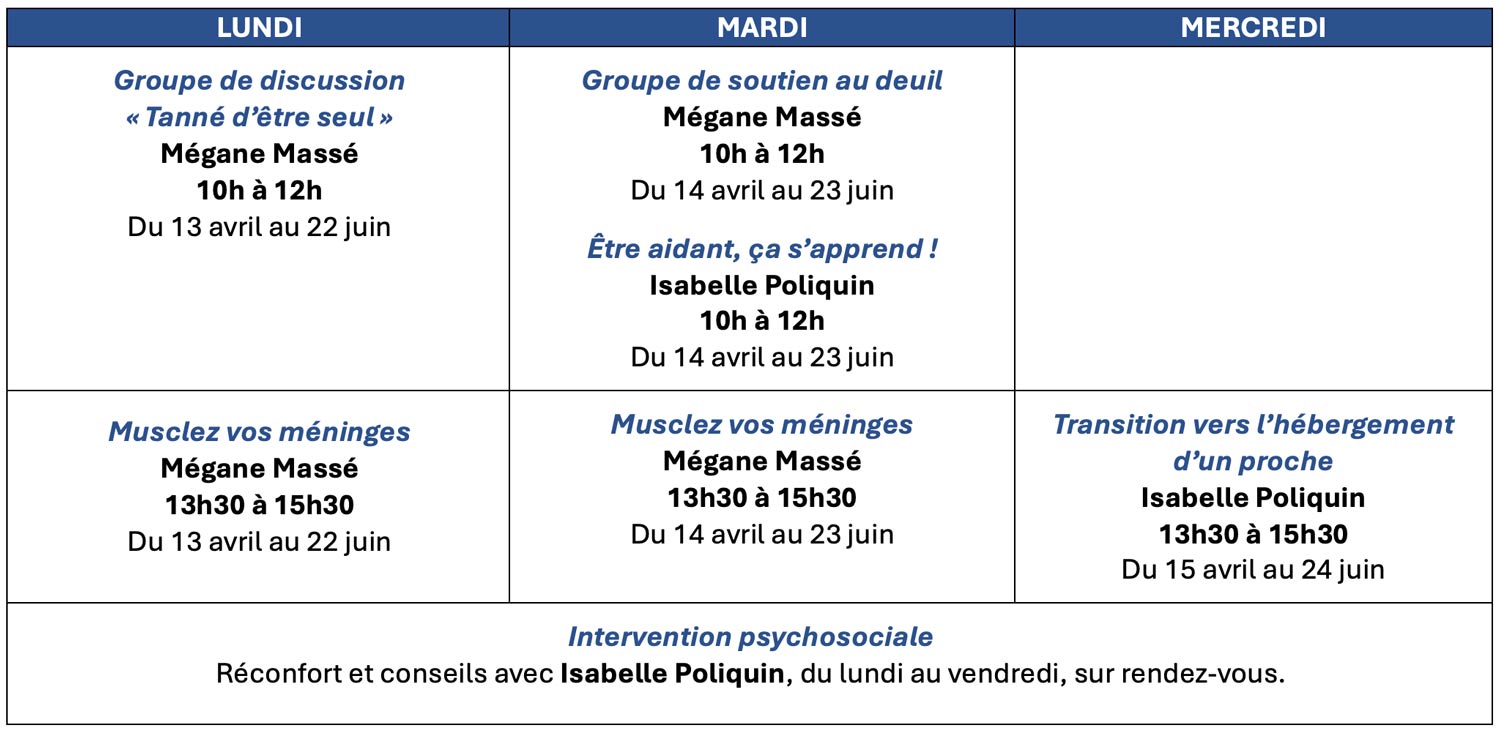 Entraide Plus caregiver calendar