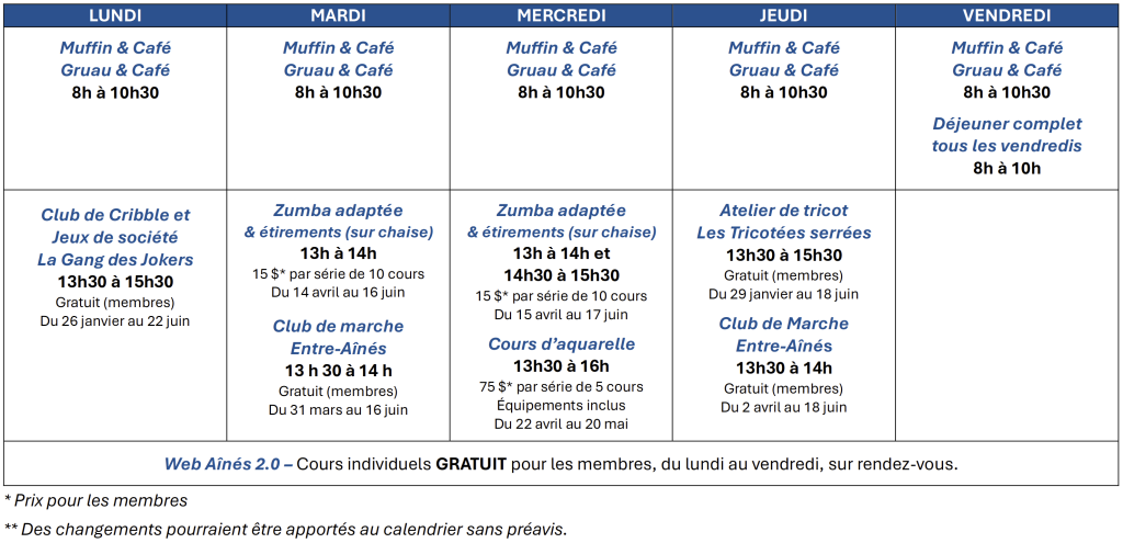 Spring-summer 2026 activities calendar