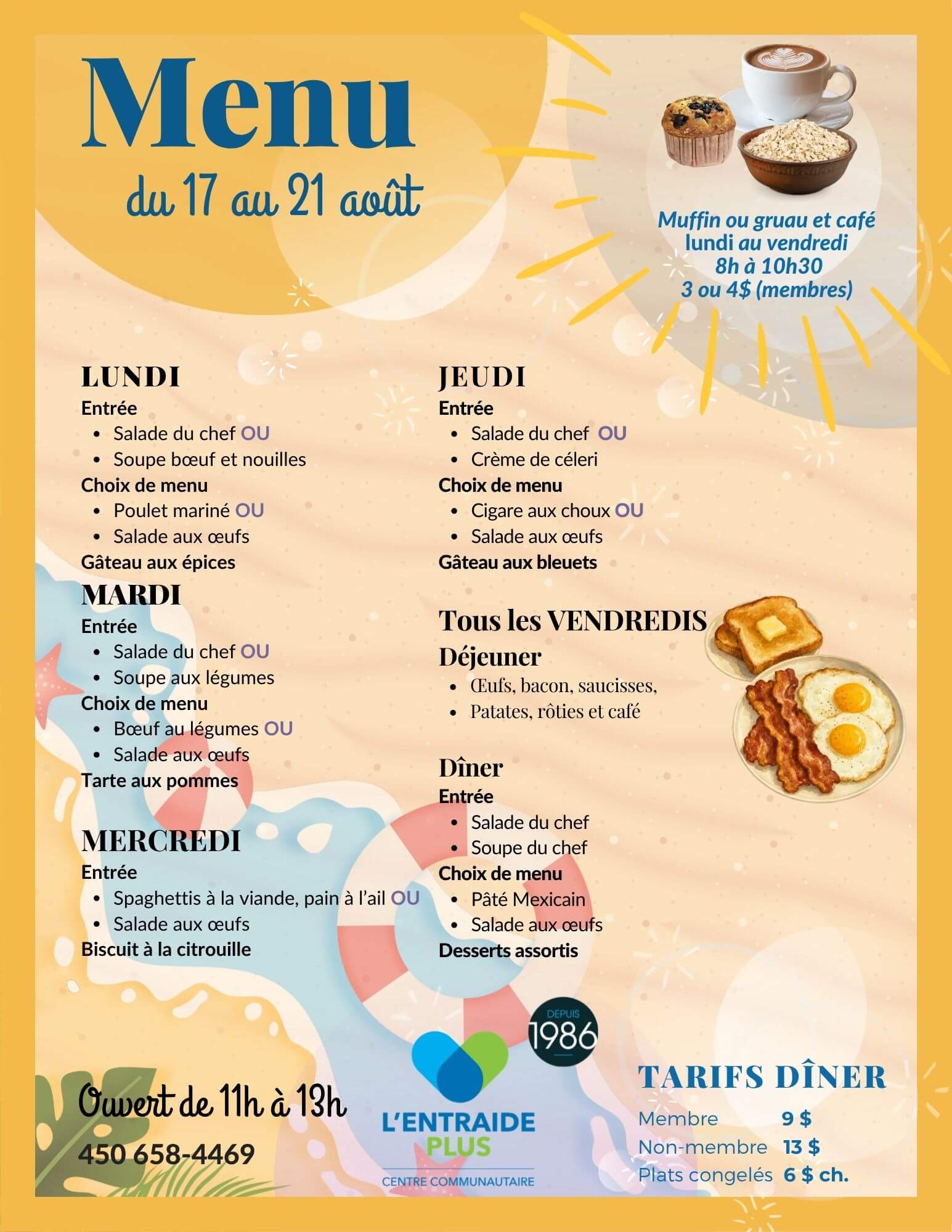Entraide Plus Menu du 17 au 21 août