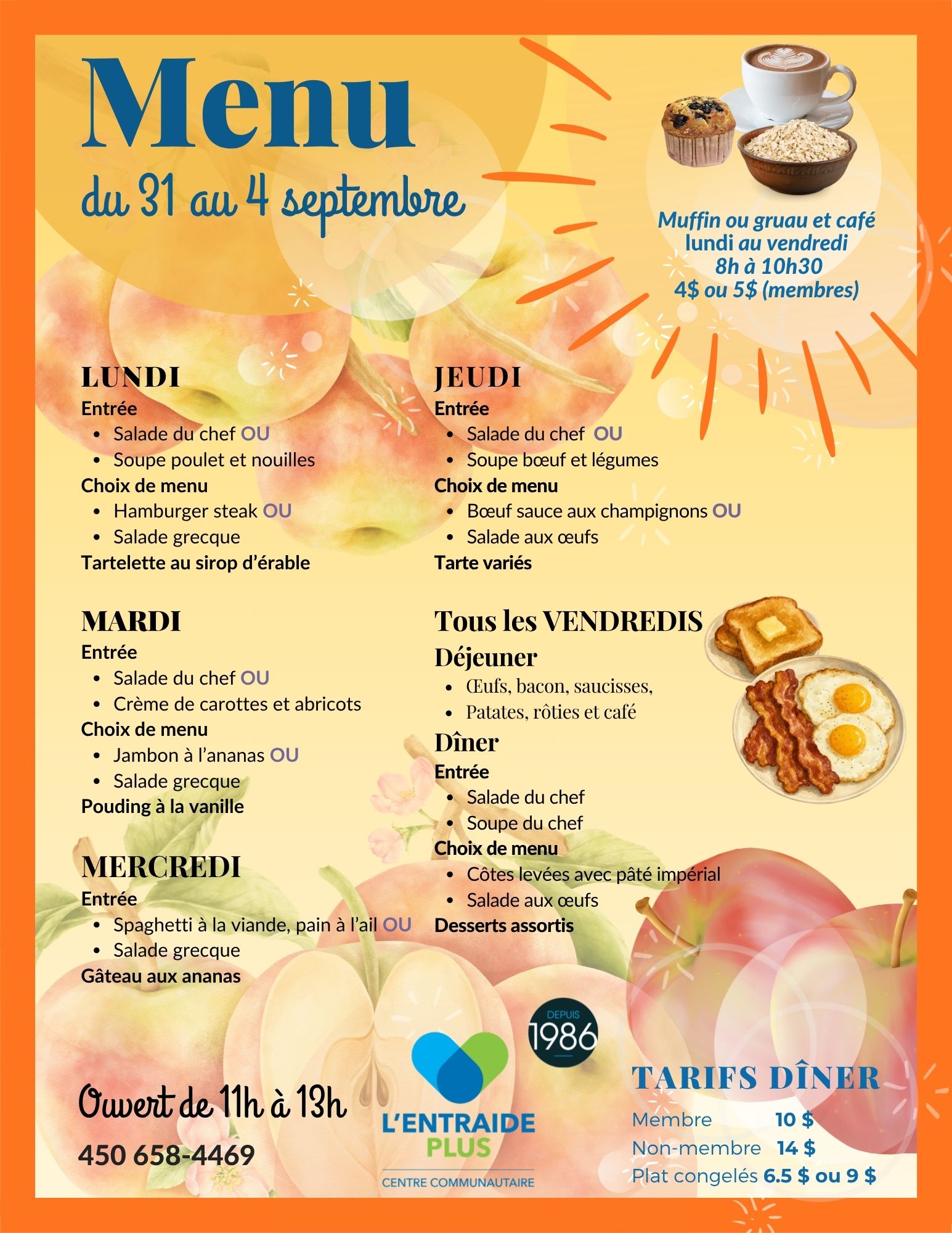 Menu for August 31 through September 4 